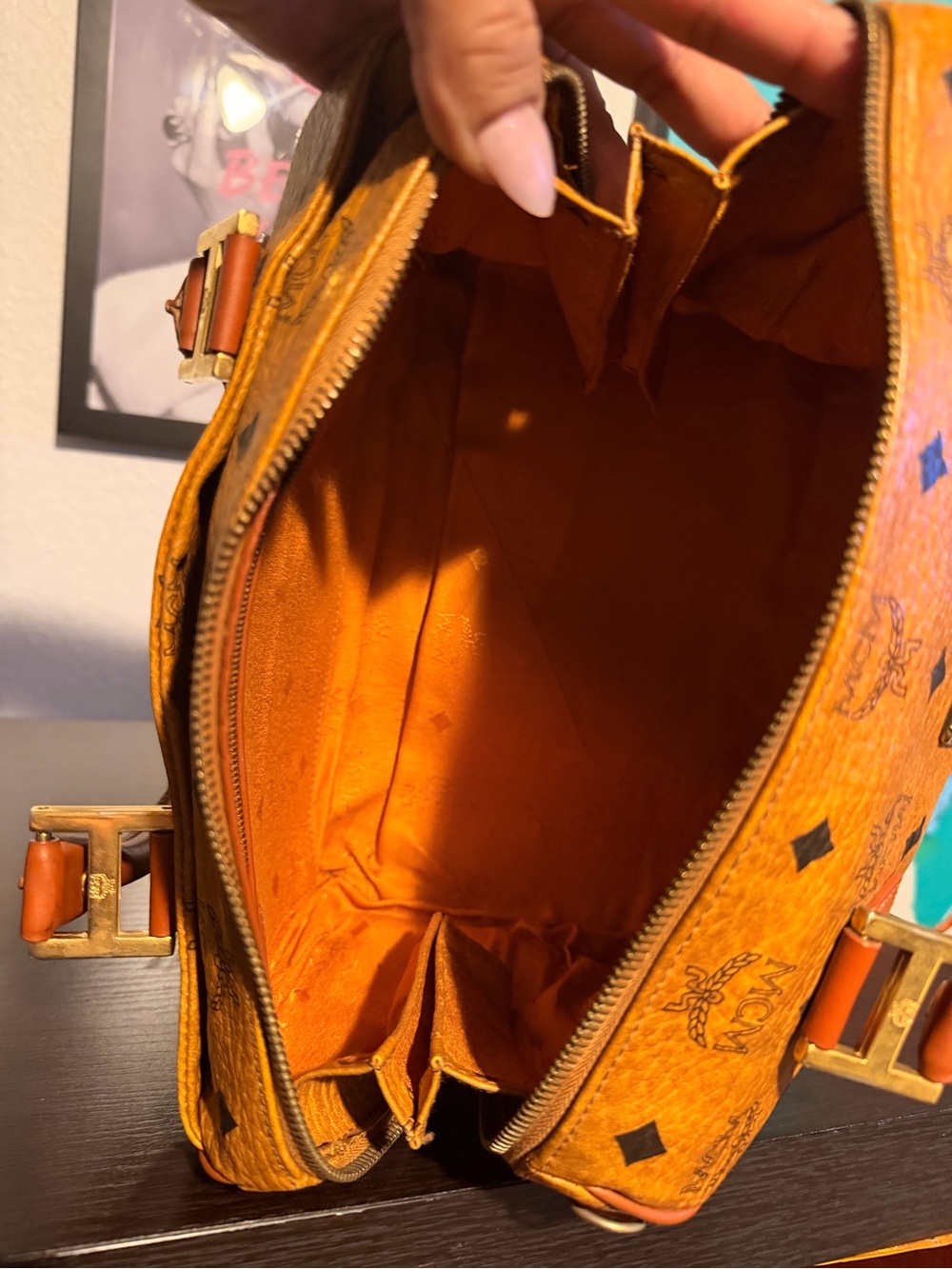 MCM Cognac Logo Visetos Satchel with Brass Hardware - Picture 11 of 13